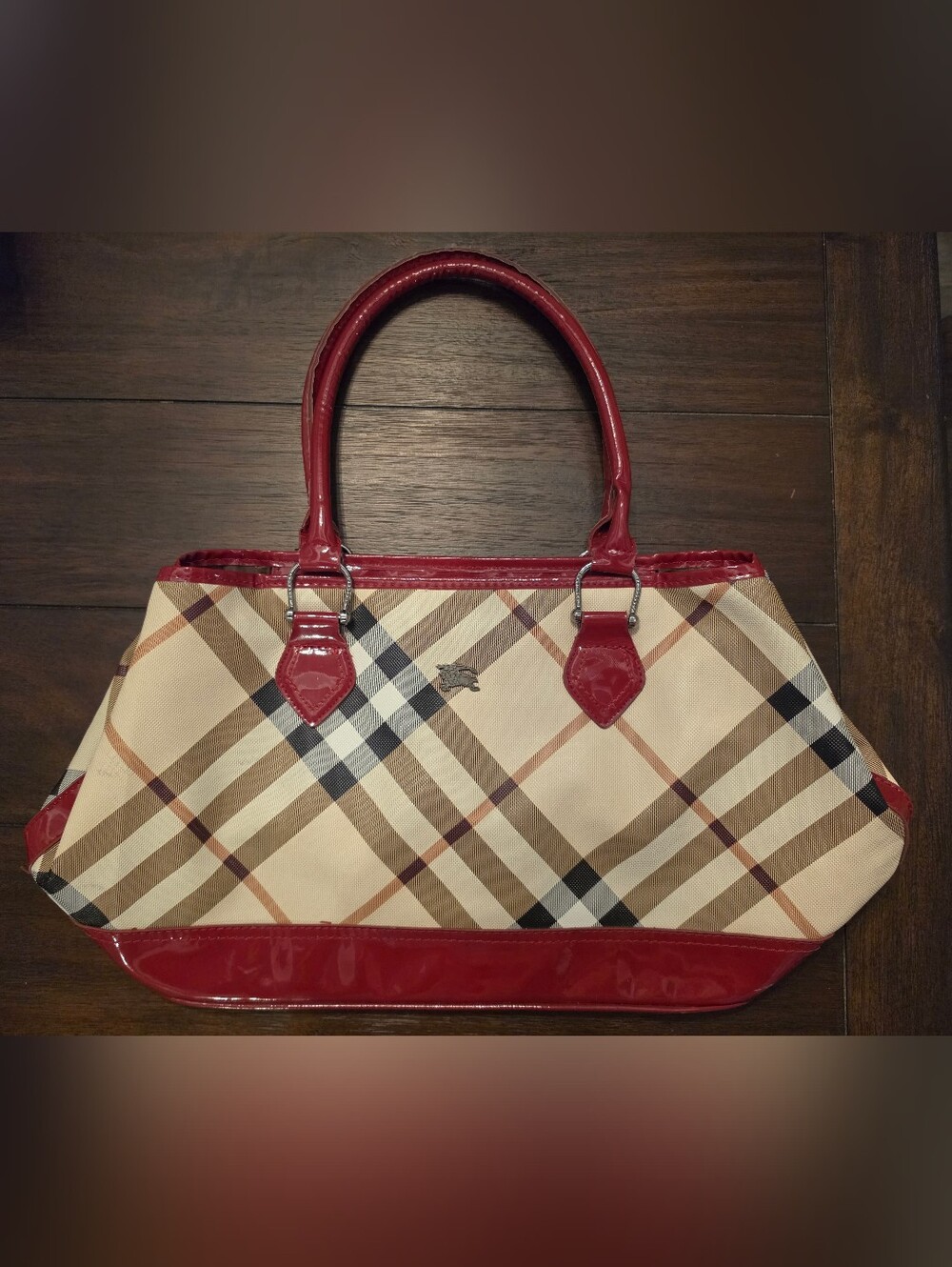 Burberry Nova Classic Check Satchel with Red Patent Leather Trim